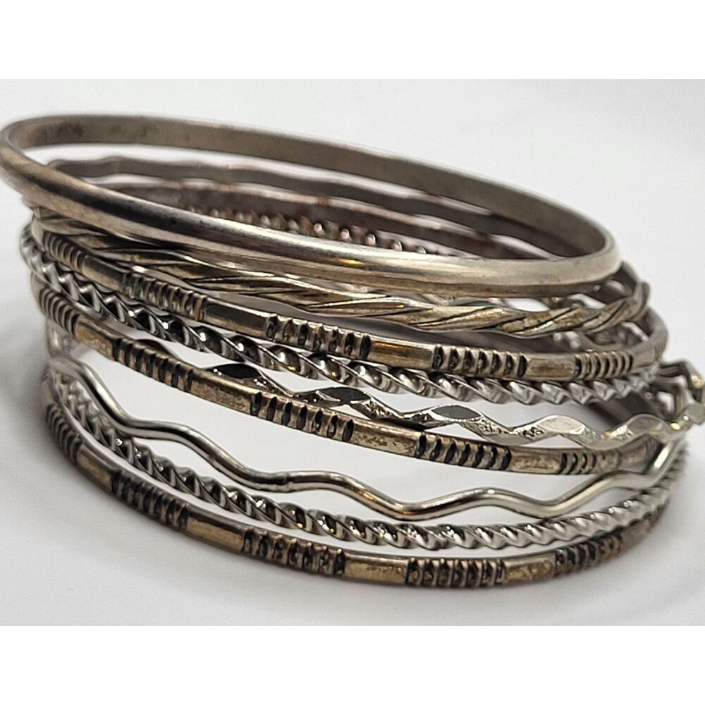Set of 8 Vintage Bangle Bracelets Silver tone